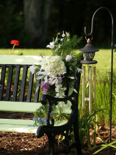 wedding decorated park bench