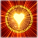 shining gold heart with ring around it red background