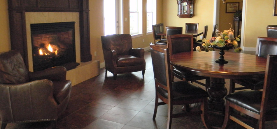 table, chairs, fireplace