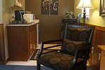 Fancy chair and kitchen area