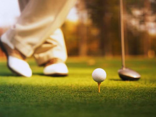 golf putter, golf ball, golf shoes, golfing green