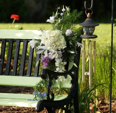 wedding decorated park bench