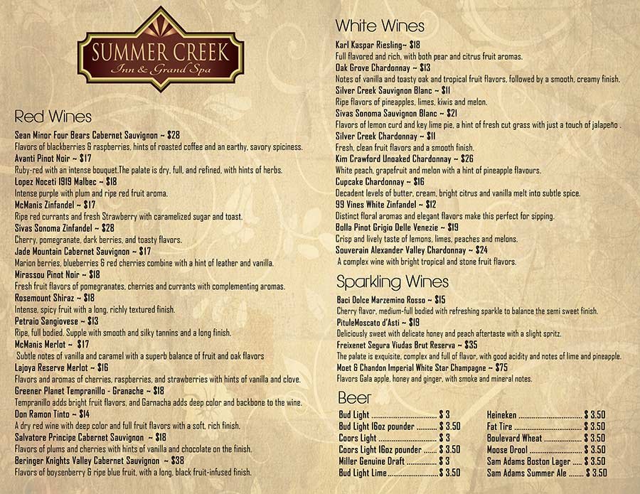 Beer & Wine Menu at Summer Creek Inn Rapid City Bed and Breakfast