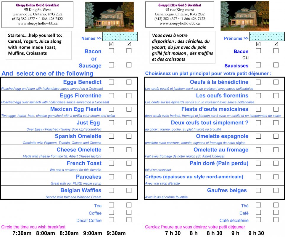 Our breakfast menu for each morning