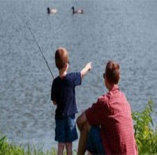 Father & Son Fishing by The North Shore Inn in Crestline, California